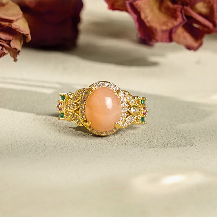 Buddha Stones Vintage Prong Setting Four Leaf Flower Design Peach Moonstone Adjustable Soothing Ring