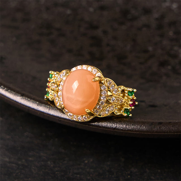 Buddha Stones Vintage Prong Setting Four Leaf Flower Design Peach Moonstone Adjustable Soothing Ring