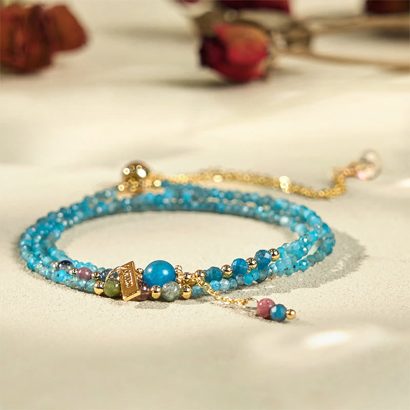Buddha Stone 3mm Natural Apatite Ultra-thin Beads 14k Gold Plated Copper Creativity Triple Wrap Bracelet