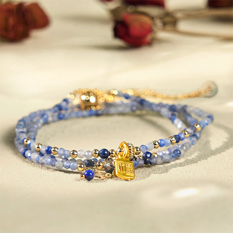 Buddha Stones 3mm Ultra-thin Beads Natural Lazurite Triple Wrap Fu Character Positive Bracelet