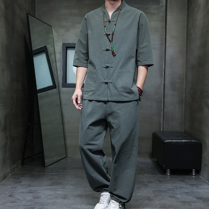 Buddha Stones 2Pcs Tang Suit Frog-Button Design Shirt Pants With Pockets Men's Cotton Linen Meditation Cloth Set