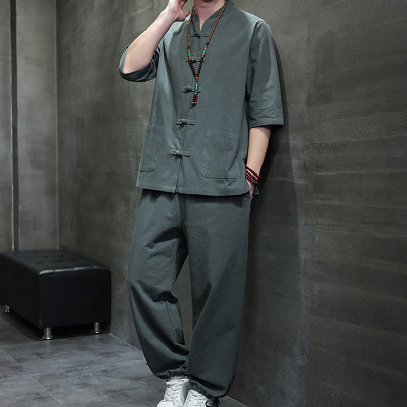 Buddha Stones 2Pcs Tang Suit Frog-Button Design Shirt Pants With Pockets Men's Cotton Linen Meditation Cloth Set - image 1