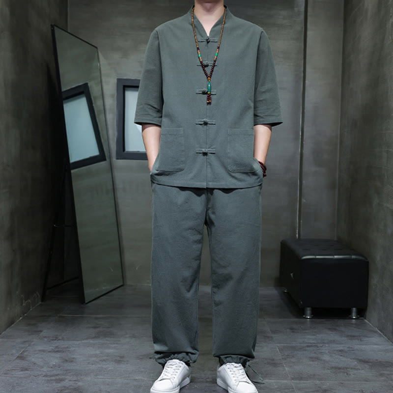 Buddha Stones 2Pcs Tang Suit Frog-Button Design Shirt Pants With Pockets Men's Cotton Linen Meditation Cloth Set - image 5