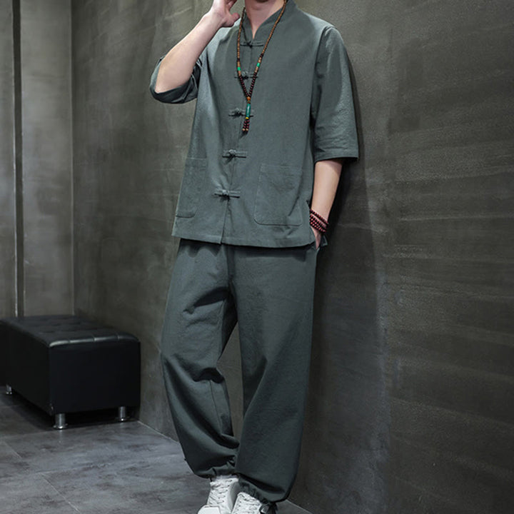 Buddha Stones 2Pcs Tang Suit Frog-Button Design Shirt Pants With Pockets Men's Cotton Linen Meditation Cloth Set