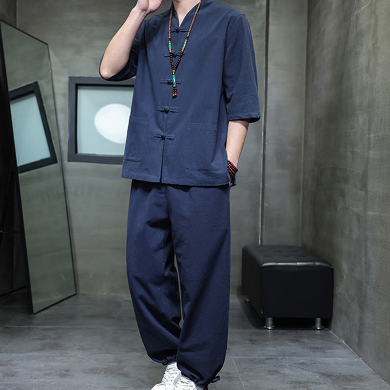 Buddha Stones 2Pcs Tang Suit Frog-Button Design Shirt Pants With Pockets Men's Cotton Linen Meditation Cloth Set - image 17