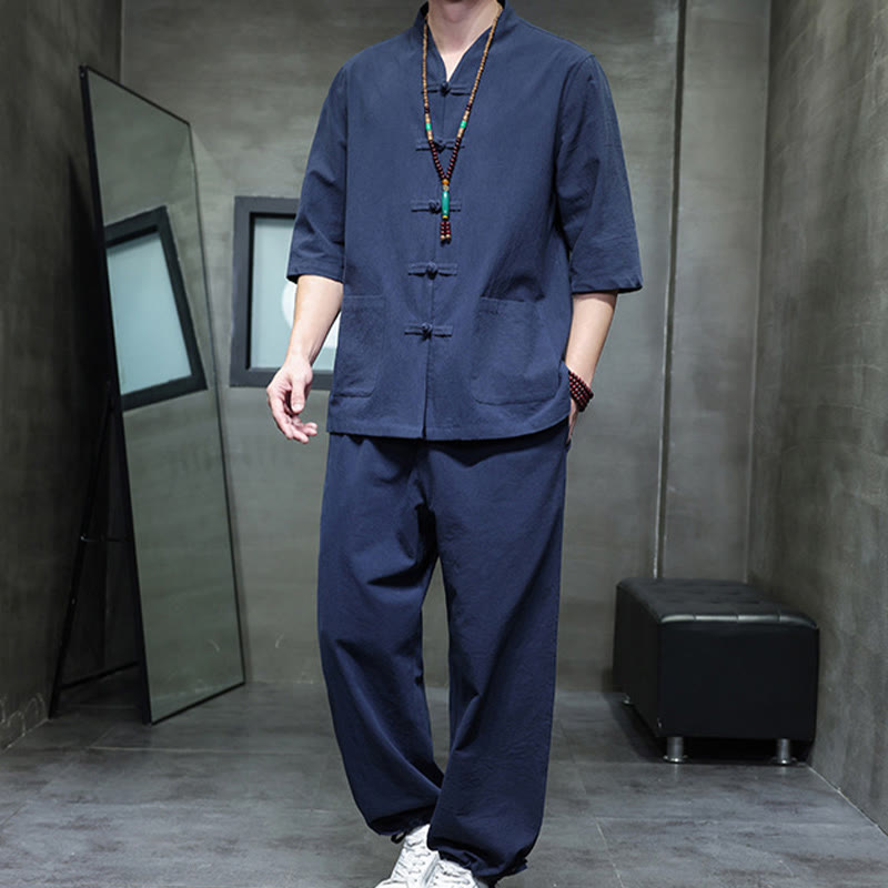 Buddha Stones 2Pcs Tang Suit Frog-Button Design Shirt Pants With Pockets Men's Cotton Linen Meditation Cloth Set - image 16