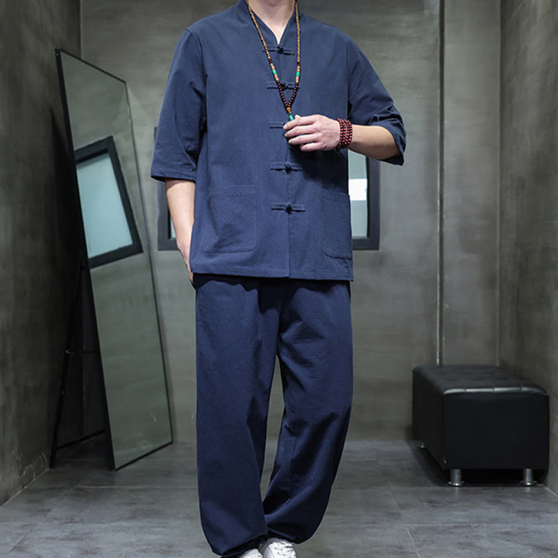 Buddha Stones 2Pcs Tang Suit Frog-Button Design Shirt Pants With Pockets Men's Cotton Linen Meditation Cloth Set