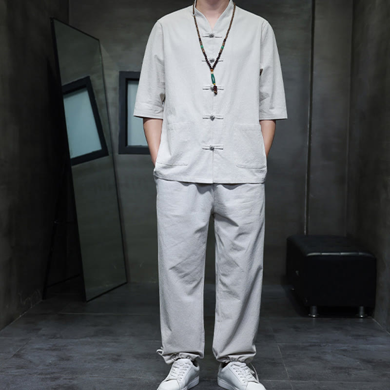 Buddha Stones 2Pcs Tang Suit Frog-Button Design Shirt Pants With Pockets Men's Cotton Linen Meditation Cloth Set - image 23