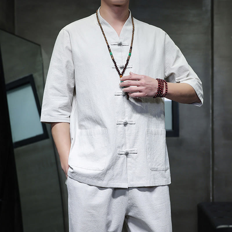 Buddha Stones 2Pcs Tang Suit Frog-Button Design Shirt Pants With Pockets Men's Cotton Linen Meditation Cloth Set - image 26