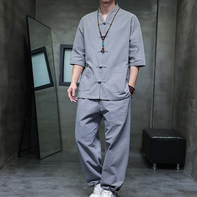 Buddha Stones 2Pcs Tang Suit Frog-Button Design Shirt Pants With Pockets Men's Cotton Linen Meditation Cloth Set