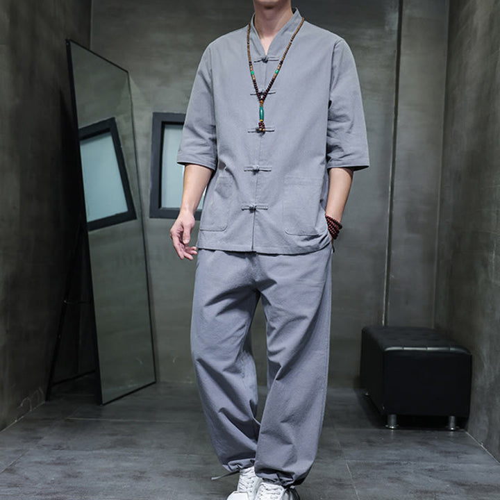 Buddha Stones 2Pcs Tang Suit Frog-Button Design Shirt Pants With Pockets Men's Cotton Linen Meditation Cloth Set