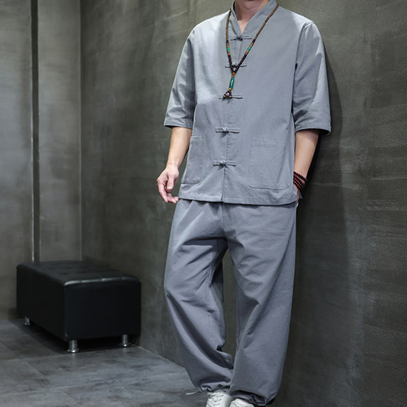 Buddha Stones 2Pcs Tang Suit Frog-Button Design Shirt Pants With Pockets Men's Cotton Linen Meditation Cloth Set