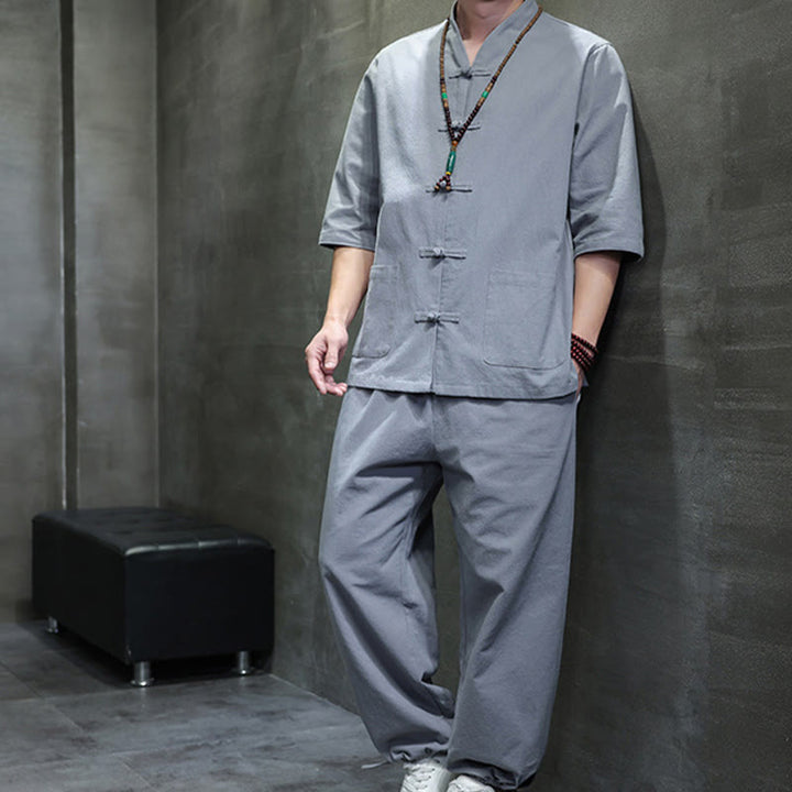 Buddha Stones 2Pcs Tang Suit Frog-Button Design Shirt Pants With Pockets Men's Cotton Linen Meditation Cloth Set