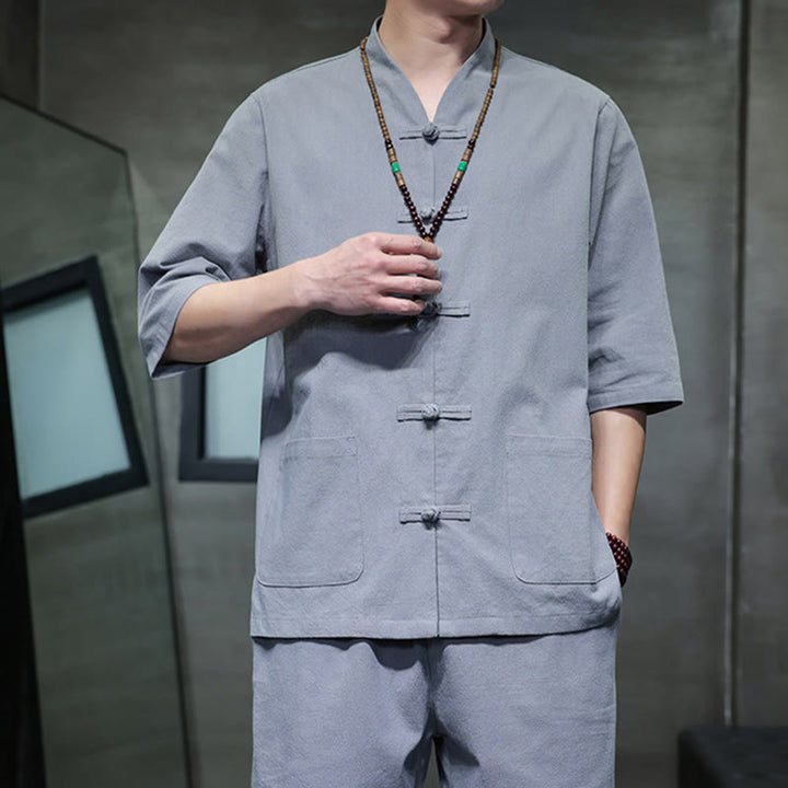 Buddha Stones 2Pcs Tang Suit Frog-Button Design Shirt Pants With Pockets Men's Cotton Linen Meditation Cloth Set - image 35