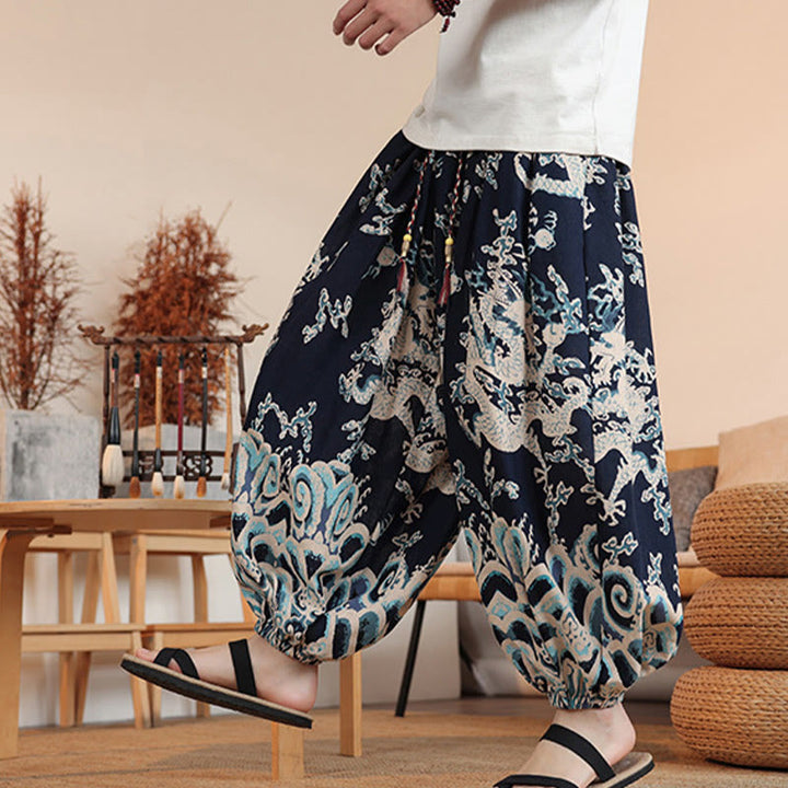 Buddha Stones Dragon Print Cotton Men's Harem Ankle-Length Pants With Pockets - image 4