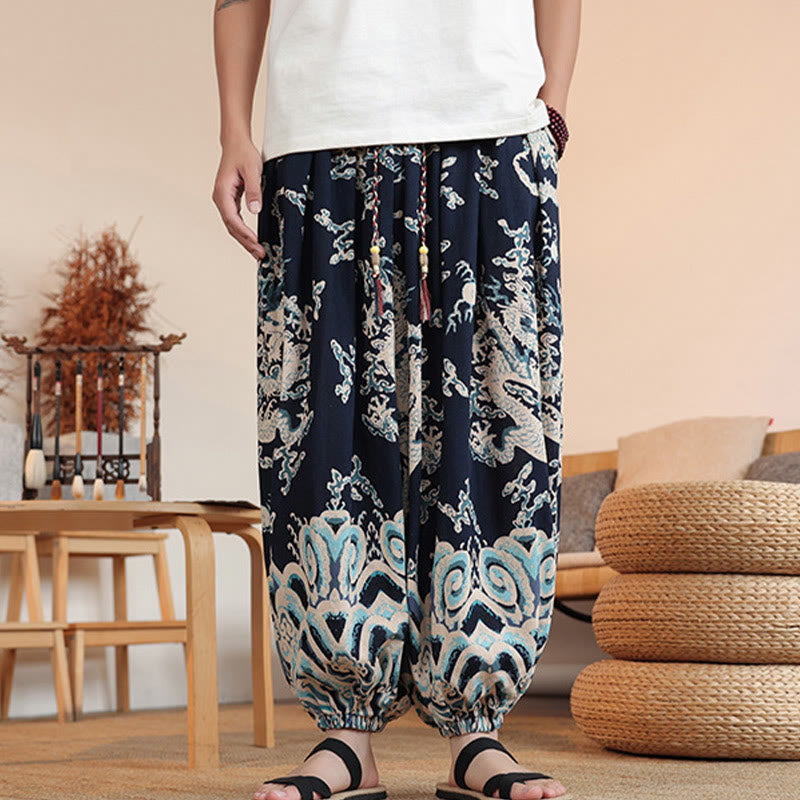 Buddha Stones Dragon Print Cotton Men's Harem Ankle-Length Pants With Pockets