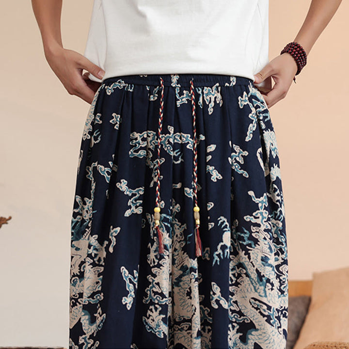 Buddha Stones Dragon Print Cotton Men's Harem Ankle-Length Pants With Pockets - image 7