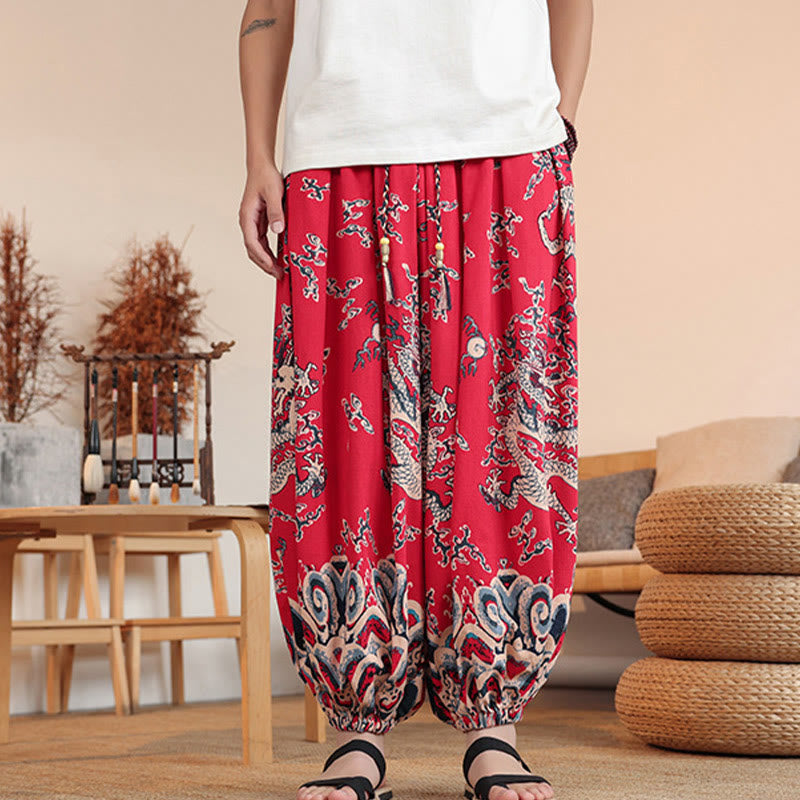 Buddha Stones Dragon Print Cotton Men's Harem Ankle-Length Pants With Pockets - image 12