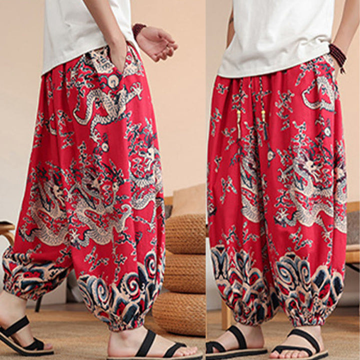 Buddha Stones Dragon Print Cotton Men's Harem Ankle-Length Pants With Pockets - image 19