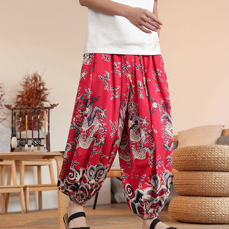 Buddha Stones Dragon Print Cotton Men's Harem Ankle-Length Pants With Pockets