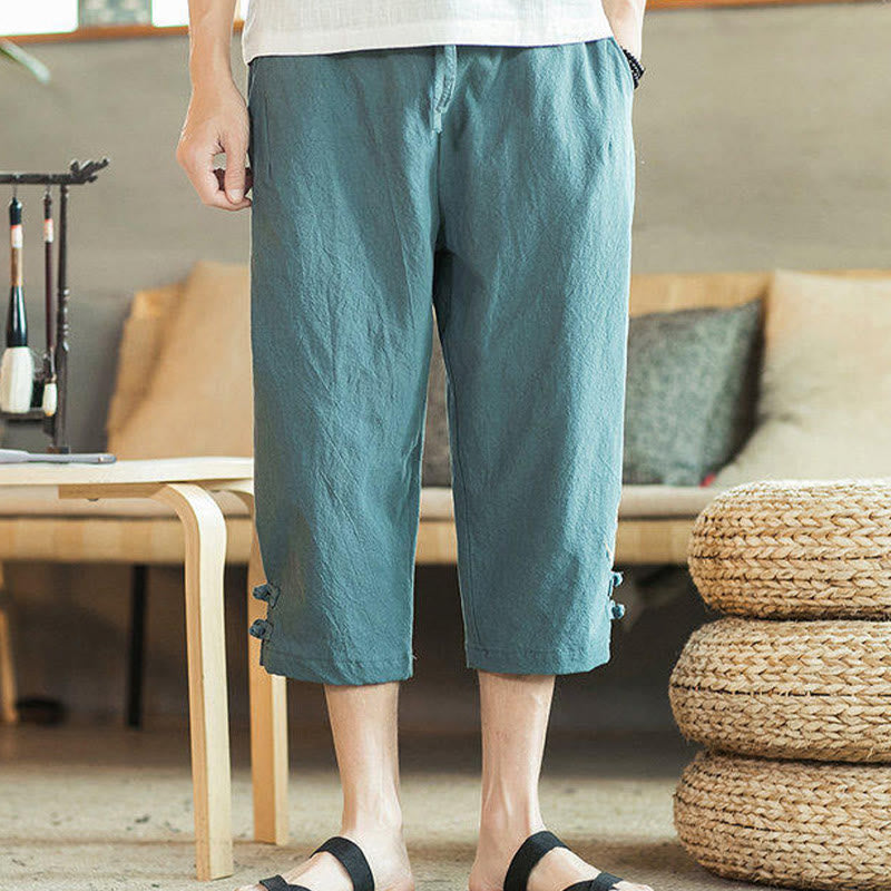 Buddha Stones Crane Embroidery Cotton Men's Cropped Harem Pants With Pockets