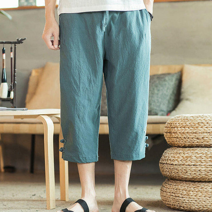 Buddha Stones Crane Embroidery Cotton Men's Cropped Harem Pants With Pockets