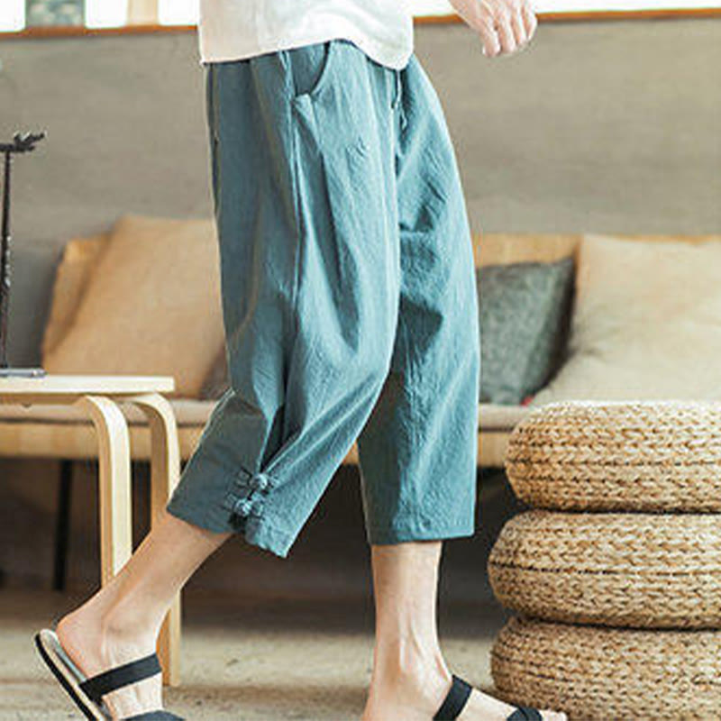Buddha Stones Crane Embroidery Cotton Men's Cropped Harem Pants With Pockets