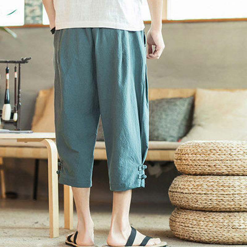 Buddha Stones Crane Embroidery Cotton Men's Cropped Harem Pants With Pockets - image 4