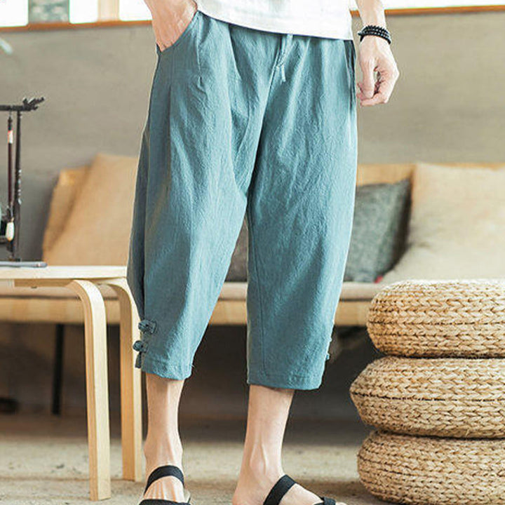 Buddha Stones Crane Embroidery Cotton Men's Cropped Harem Pants With Pockets - image 8