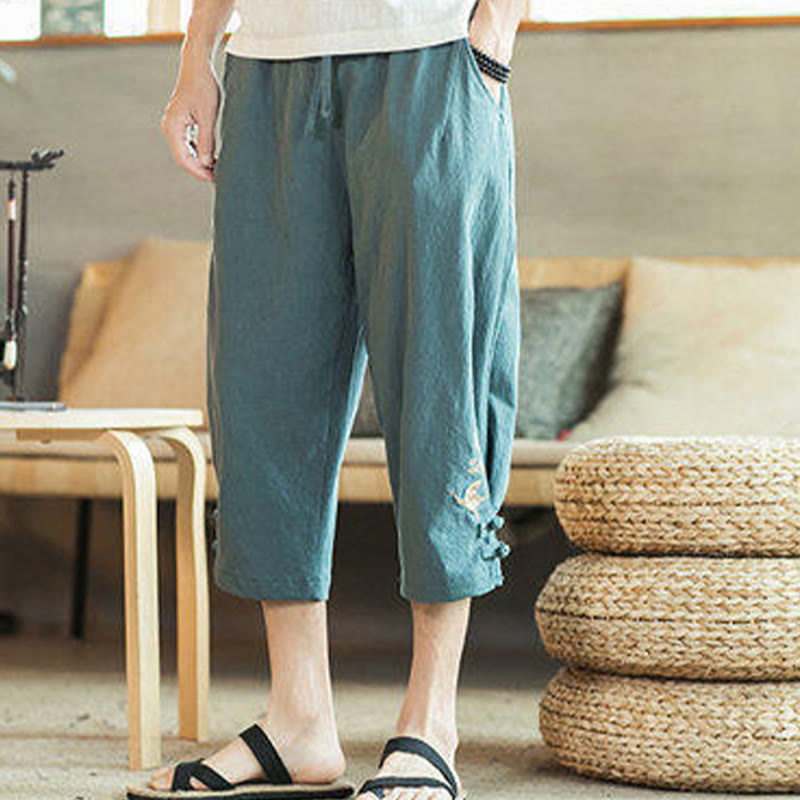 Buddha Stones Crane Embroidery Cotton Men's Cropped Harem Pants With Pockets