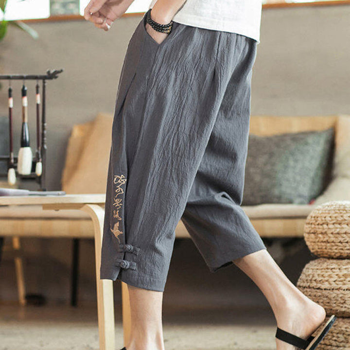 Buddha Stones Crane Embroidery Cotton Men's Cropped Harem Pants With Pockets