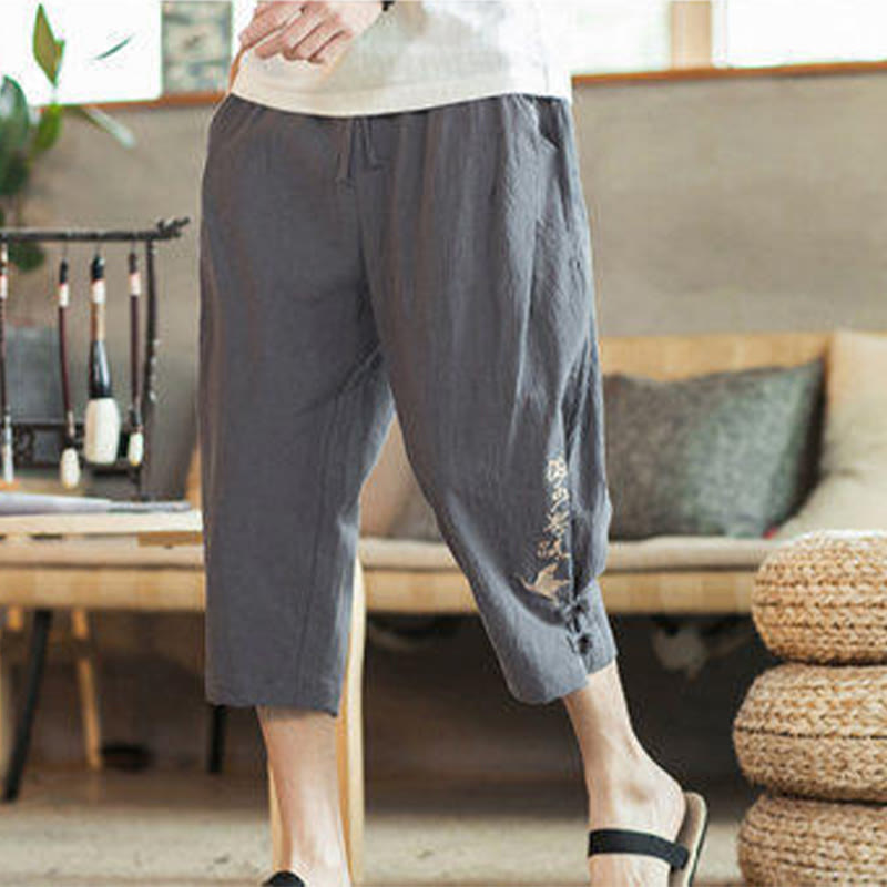 Buddha Stones Crane Embroidery Cotton Men's Cropped Harem Pants With Pockets