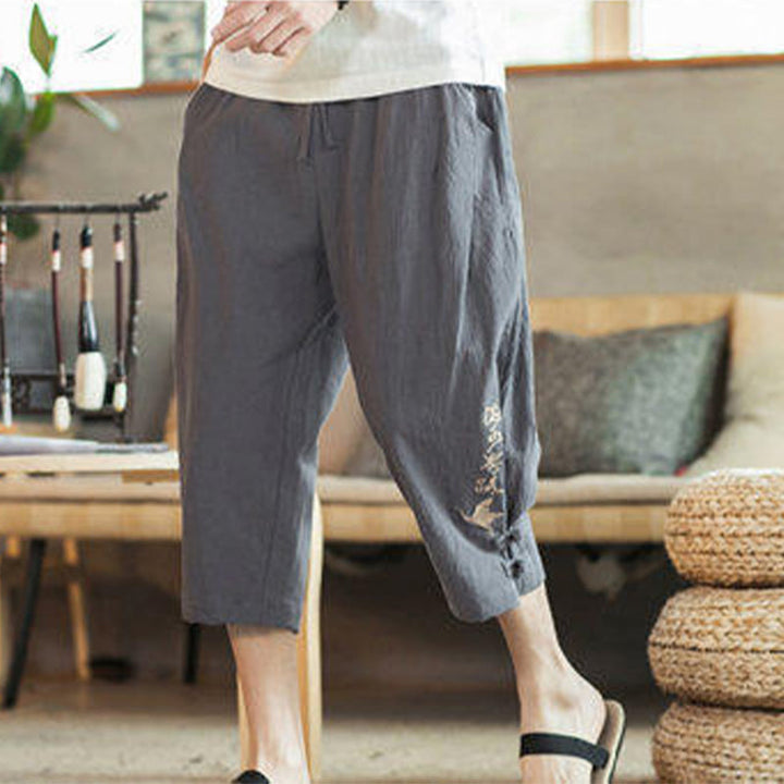 Buddha Stones Crane Embroidery Cotton Men's Cropped Harem Pants With Pockets