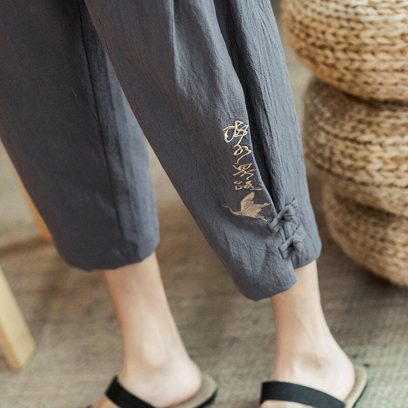 Buddha Stones Crane Embroidery Cotton Men's Cropped Harem Pants With Pockets - image 21