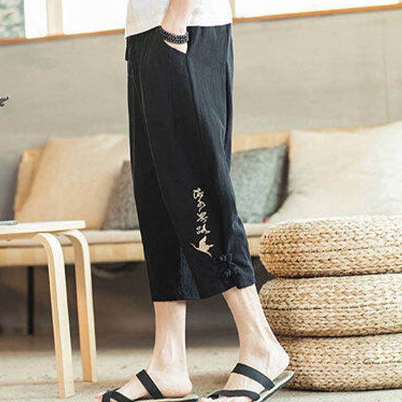 Buddha Stones Crane Embroidery Cotton Men's Cropped Harem Pants With Pockets - image 26
