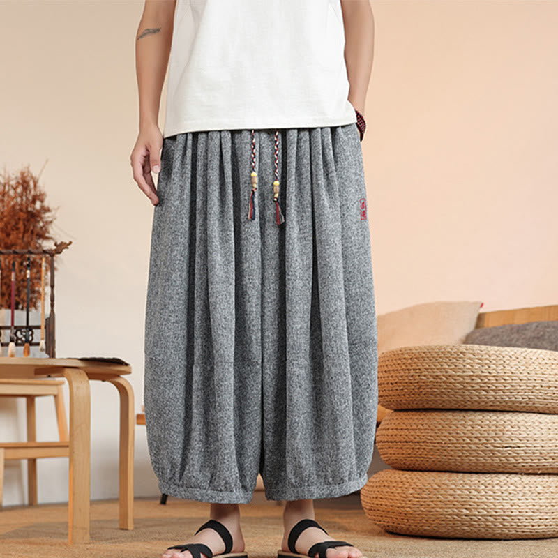Buddha Stones Summer Characters Embroidery Drawstring Men's Cropped Ankle-Length Harem Pants With Pockets - image 1