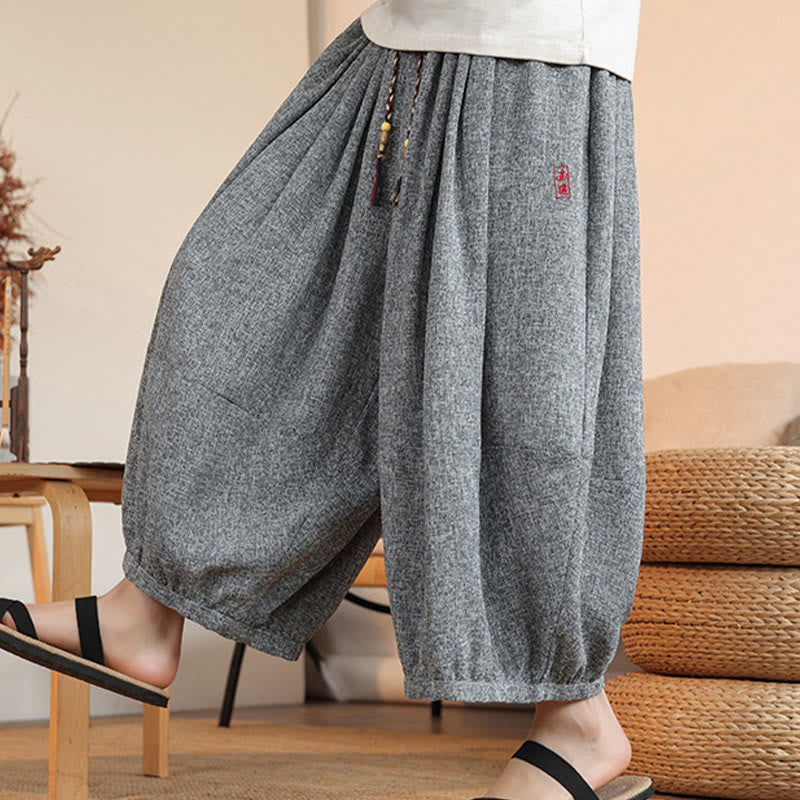 Buddha Stones Summer Characters Embroidery Drawstring Men's Cropped Ankle-Length Harem Pants With Pockets - image 7