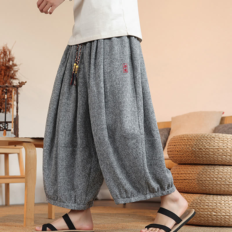 Buddha Stones Summer Characters Embroidery Drawstring Men's Cropped Ankle-Length Harem Pants With Pockets