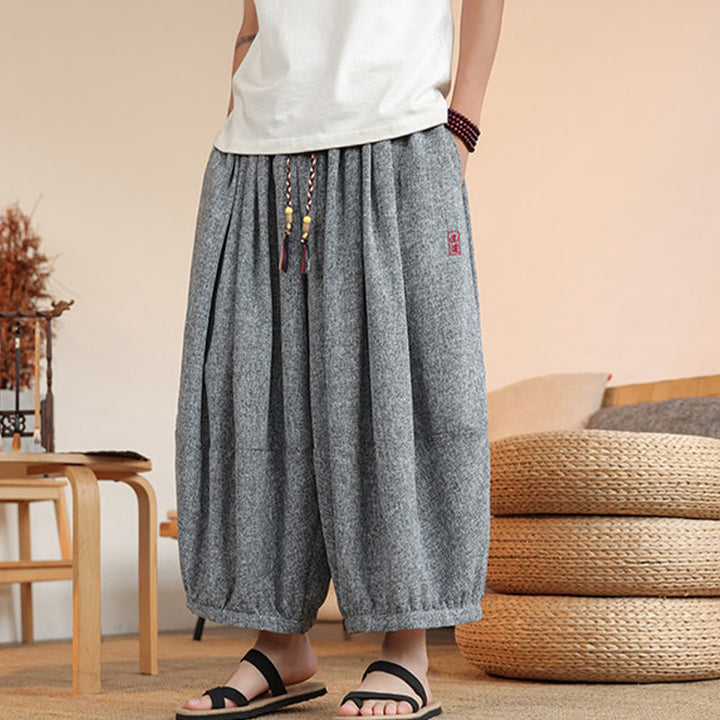 Buddha Stones Summer Characters Embroidery Drawstring Men's Cropped Ankle-Length Harem Pants With Pockets - image 3