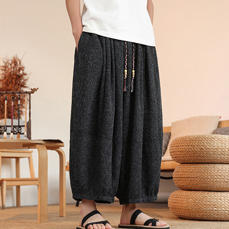 Buddha Stones Summer Characters Embroidery Drawstring Men's Cropped Ankle-Length Harem Pants With Pockets