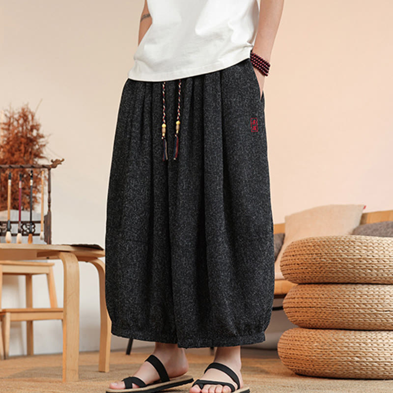 Buddha Stones Summer Characters Embroidery Drawstring Men's Cropped Ankle-Length Harem Pants With Pockets - image 16