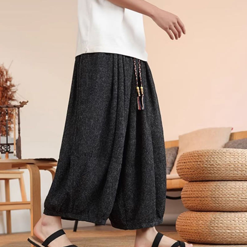 Buddha Stones Summer Characters Embroidery Drawstring Men's Cropped Ankle-Length Harem Pants With Pockets