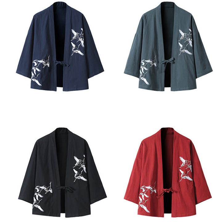 Buddha Stones Embroidery Flying White Cranes Cotton Linen Open Front Jacket Men's Kimono - image 18