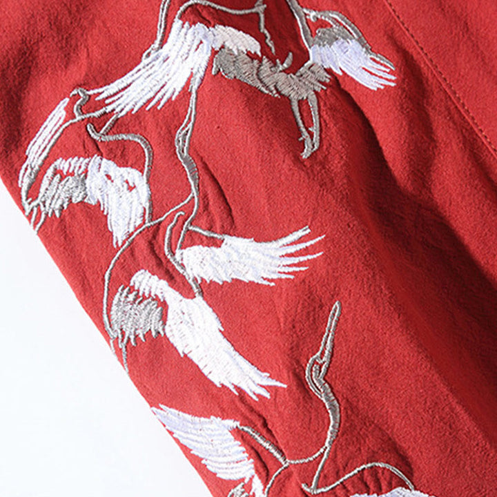 Buddha Stones Embroidery Flying White Cranes Cotton Linen Open Front Jacket Men's Kimono - image 10