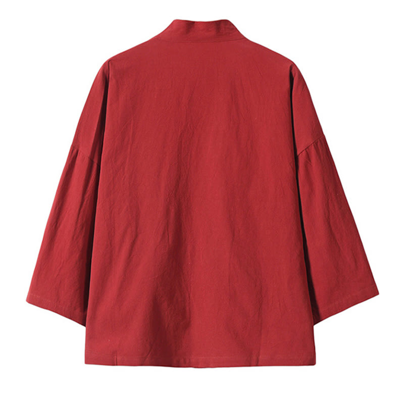 Buddha Stones Embroidery Flying White Cranes Cotton Linen Open Front Jacket Men's Kimono - image 4