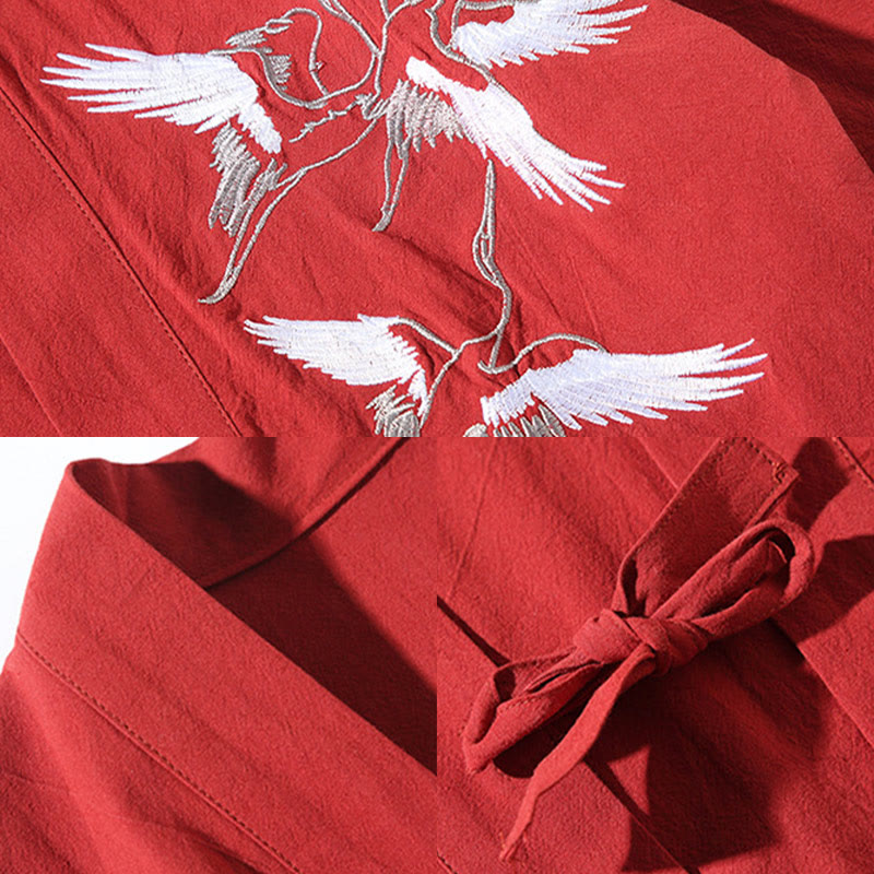 Buddha Stones Embroidery Flying White Cranes Cotton Linen Open Front Jacket Men's Kimono - image 12