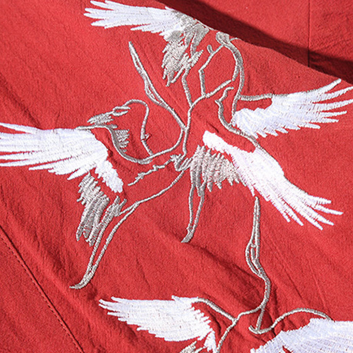 Buddha Stones Embroidery Flying White Cranes Cotton Linen Open Front Jacket Men's Kimono - image 9