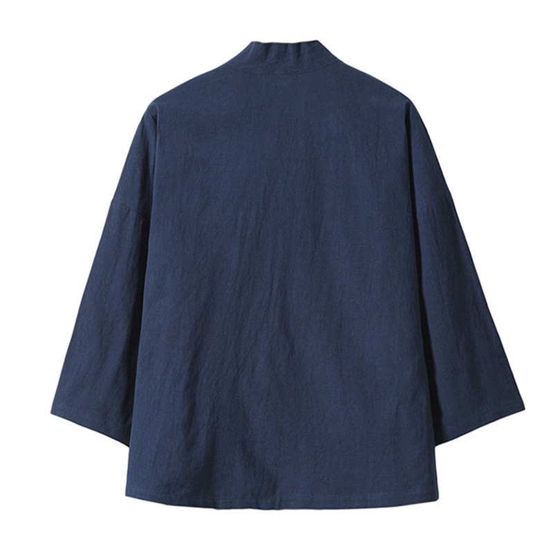 Buddha Stones Embroidery Flying White Cranes Cotton Linen Open Front Jacket Men's Kimono - image 17
