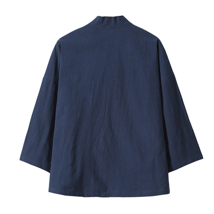 Buddha Stones Embroidery Flying White Cranes Cotton Linen Open Front Jacket Men's Kimono - image 17