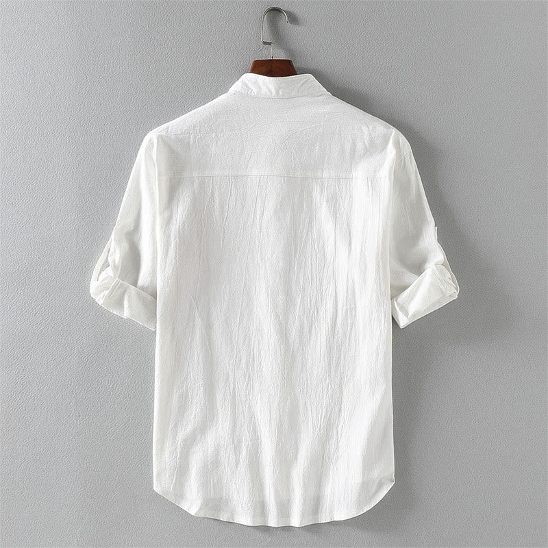 Buddha Stones Summer Solid Men's Buttons Half Sleeve Cotton Linen Shirt - image 3